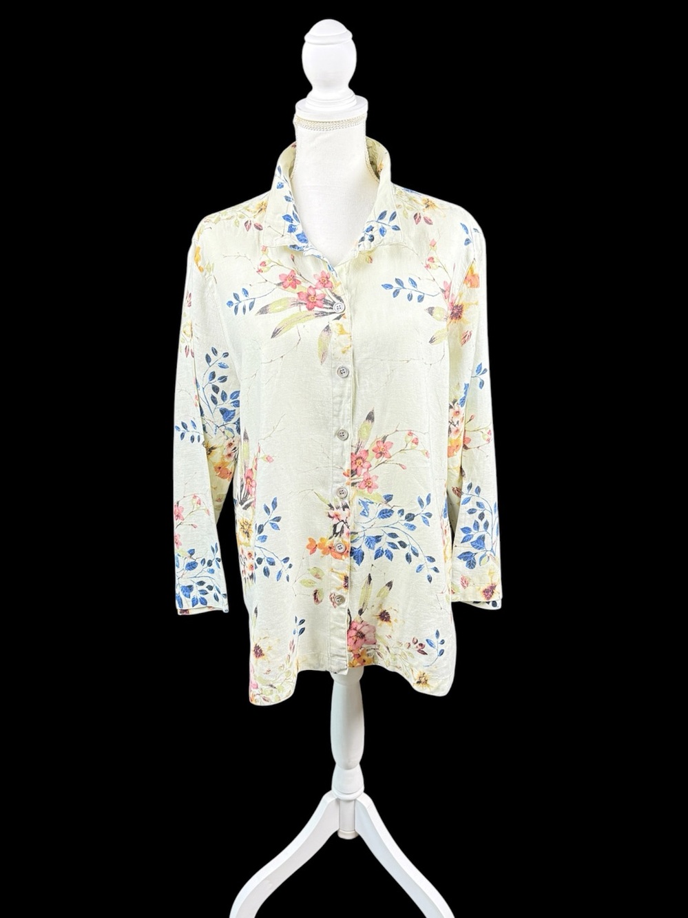 John Mark Floral Roll Tab Button Front Pocketed Blouse